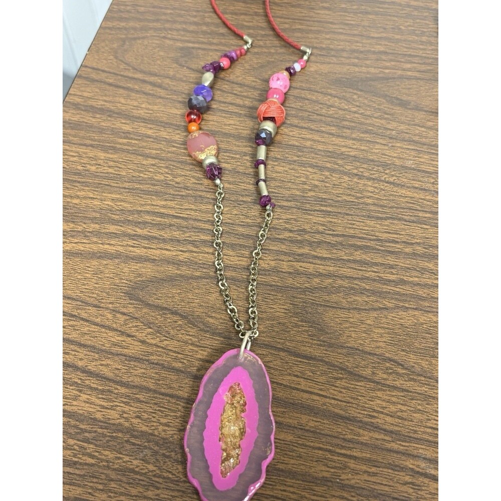 Chicos Pink Agate Boho Necklace Long Gold Tone Chain Chunky